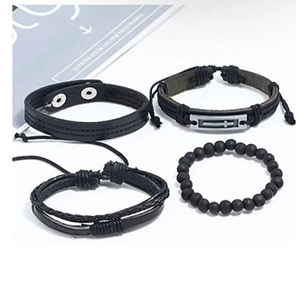 Black Leather Bracelet Woven Braided Bracelets Hemp Cords Wood Beads Set of 4